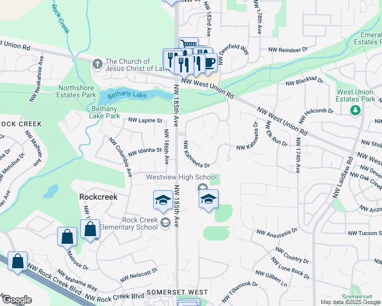 map of restaurants, bars, coffee shops, grocery stores, and more near 4750 Northwest Kahneeta Drive in Portland