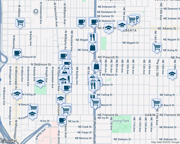 map of restaurants, bars, coffee shops, grocery stores, and more near 4116 Northeast Garfield Avenue in Portland