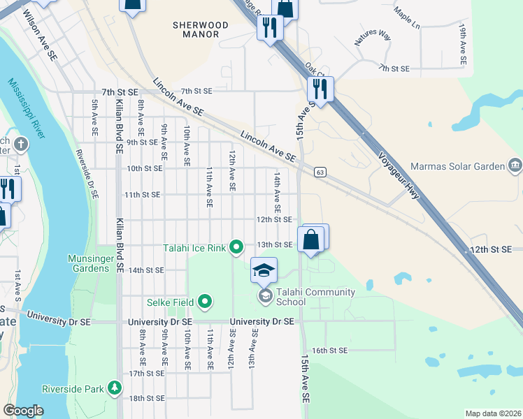 map of restaurants, bars, coffee shops, grocery stores, and more near 1305 12th Street Southeast in St. Cloud
