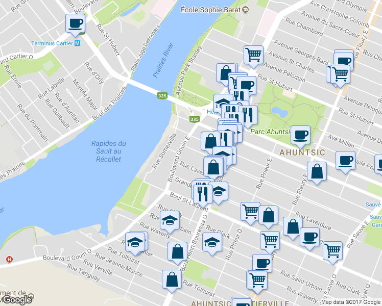 map of restaurants, bars, coffee shops, grocery stores, and more near 10832 Avenue d'Auteuil in Montréal