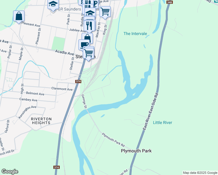 map of restaurants, bars, coffee shops, grocery stores, and more near 130 River Street in Stellarton