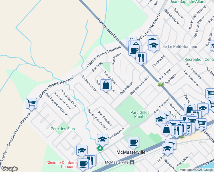 map of restaurants, bars, coffee shops, grocery stores, and more near 888 Rue Hudson in McMasterville