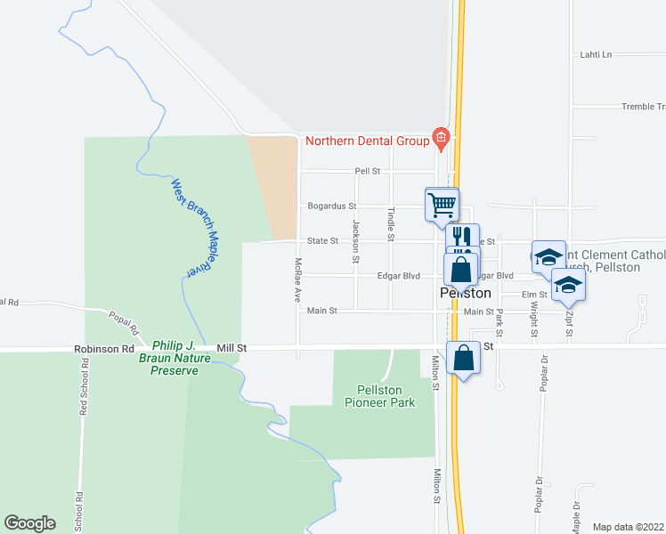 map of restaurants, bars, coffee shops, grocery stores, and more near 6075 Edgar Boulevard in Pellston