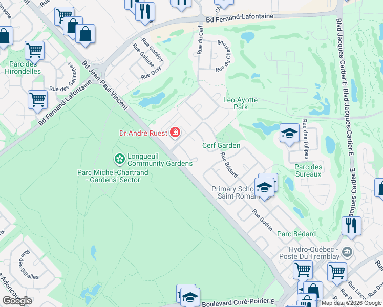 map of restaurants, bars, coffee shops, grocery stores, and more near 1882 Rue du Caribou in Longueuil