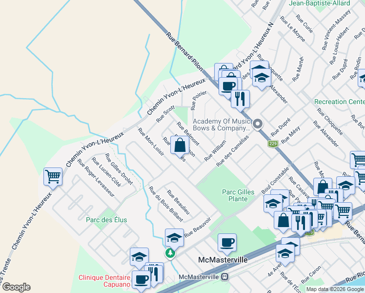 map of restaurants, bars, coffee shops, grocery stores, and more near 888 Rue Hudson in McMasterville