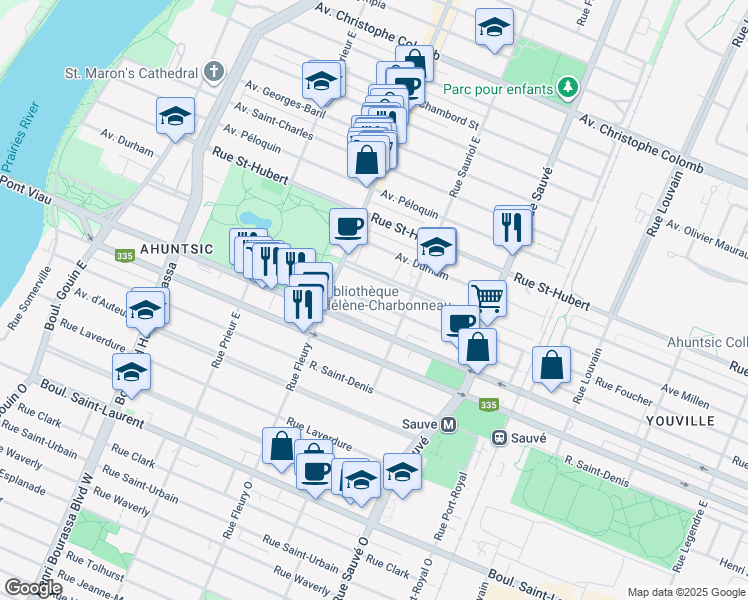 map of restaurants, bars, coffee shops, grocery stores, and more near 10177 Rue Basile Routhier in Montréal
