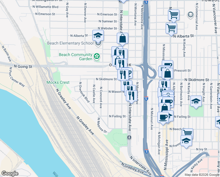 map of restaurants, bars, coffee shops, grocery stores, and more near 4114 North Colonial Avenue in Portland