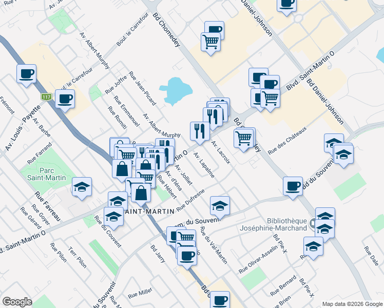 map of restaurants, bars, coffee shops, grocery stores, and more near 3640 Boulevard Saint-Martin Ouest in Laval