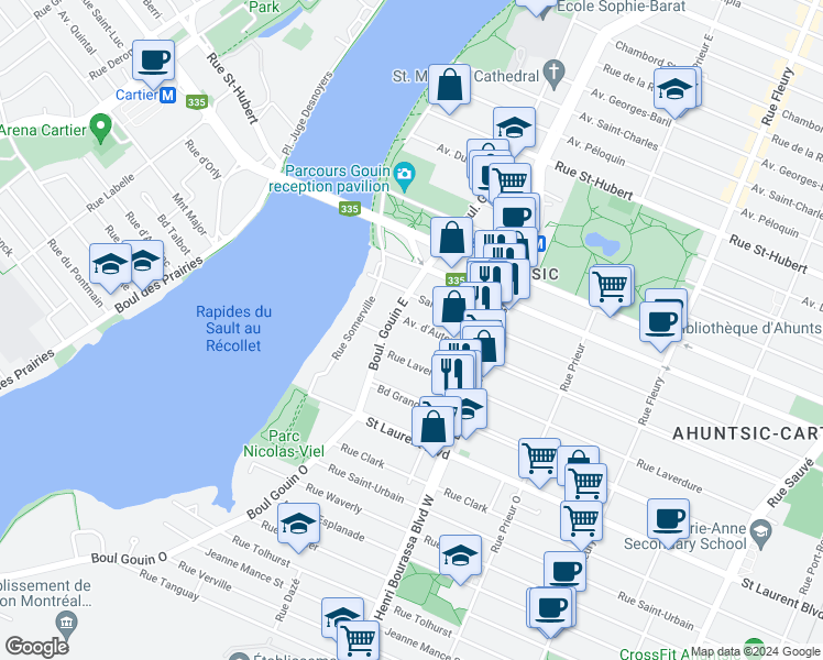 map of restaurants, bars, coffee shops, grocery stores, and more near 10832 Avenue d'Auteuil in Montréal