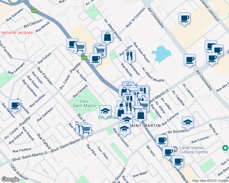 map of restaurants, bars, coffee shops, grocery stores, and more near 1870 Rue Robinson in Laval