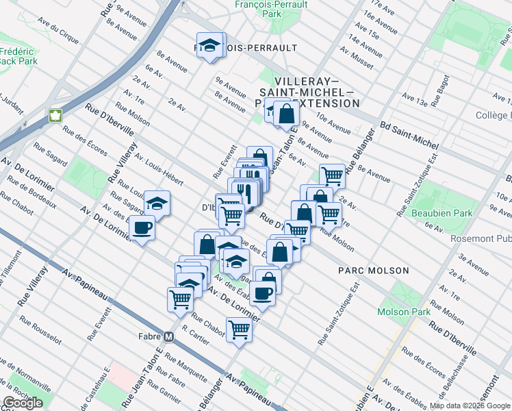 map of restaurants, bars, coffee shops, grocery stores, and more near 7145 Rue D'Iberville in Montréal