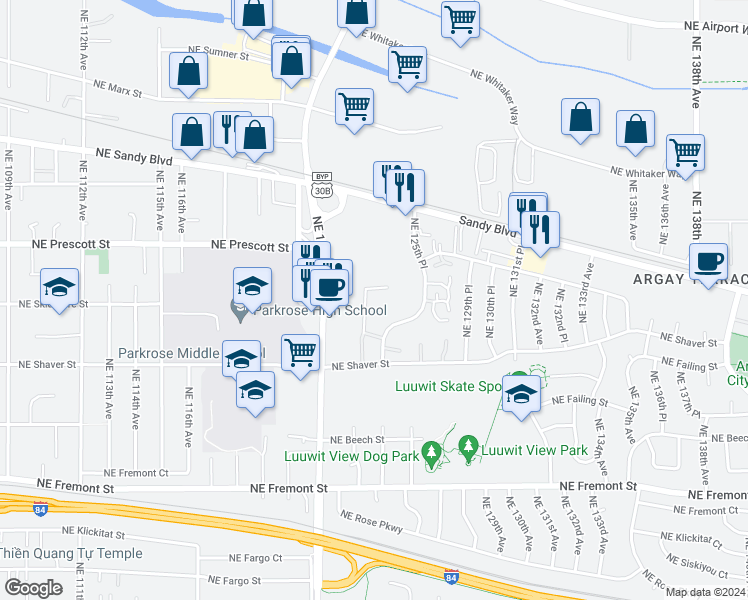 map of restaurants, bars, coffee shops, grocery stores, and more near 4121 Northeast 125th Place in Portland