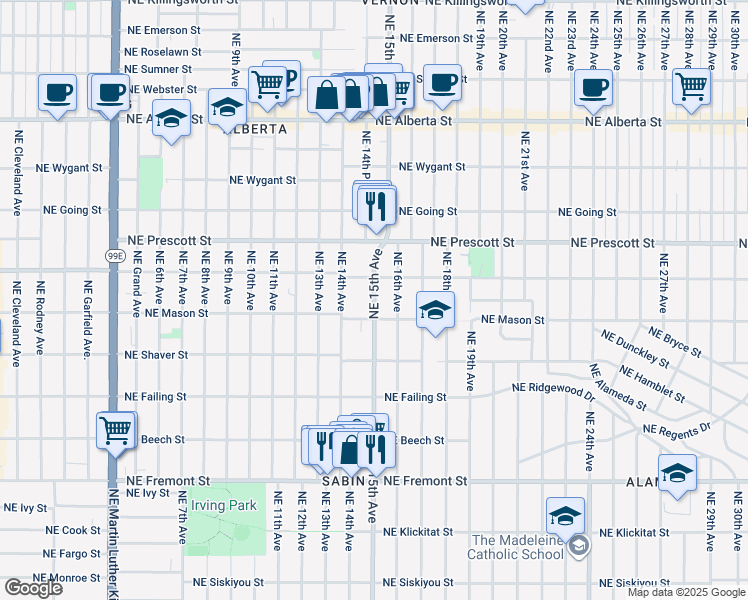 map of restaurants, bars, coffee shops, grocery stores, and more near 4125 Northeast 15th Avenue in Portland