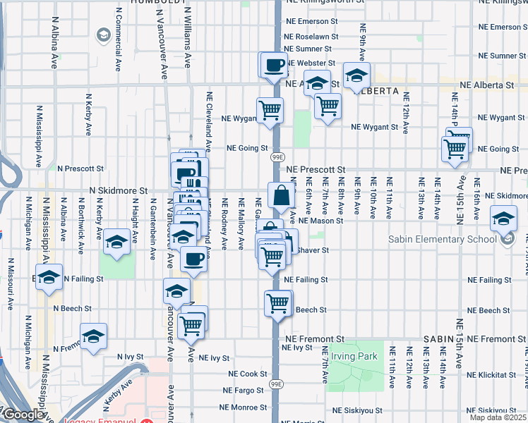 map of restaurants, bars, coffee shops, grocery stores, and more near 4116 Northeast Garfield Avenue in Portland