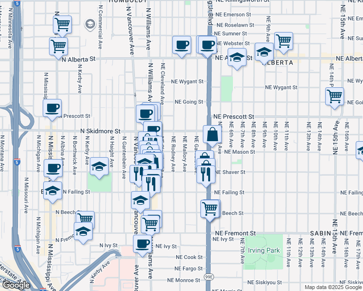 map of restaurants, bars, coffee shops, grocery stores, and more near 129 Northeast Mason Street in Portland