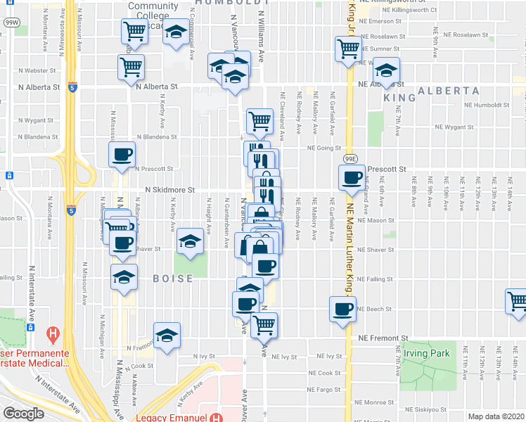 map of restaurants, bars, coffee shops, grocery stores, and more near 4133 North Williams Avenue in Portland