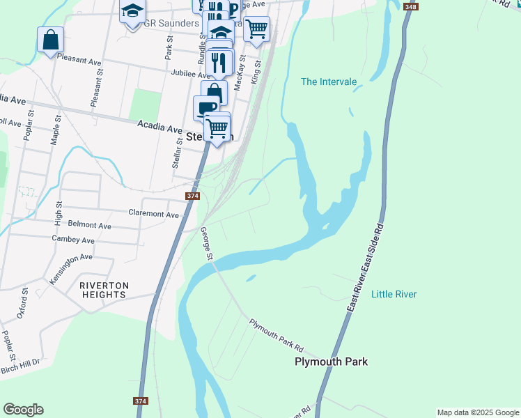 map of restaurants, bars, coffee shops, grocery stores, and more near 130 River Street in Stellarton