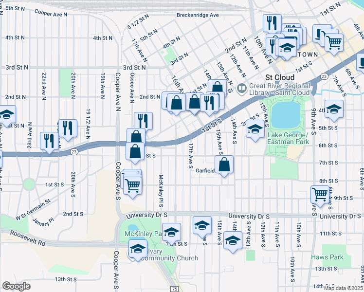 map of restaurants, bars, coffee shops, grocery stores, and more near 117 17th Avenue South in St. Cloud