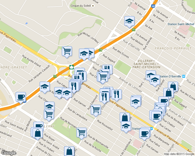 map of restaurants, bars, coffee shops, grocery stores, and more near 7987 Rue Chabot in Montreal