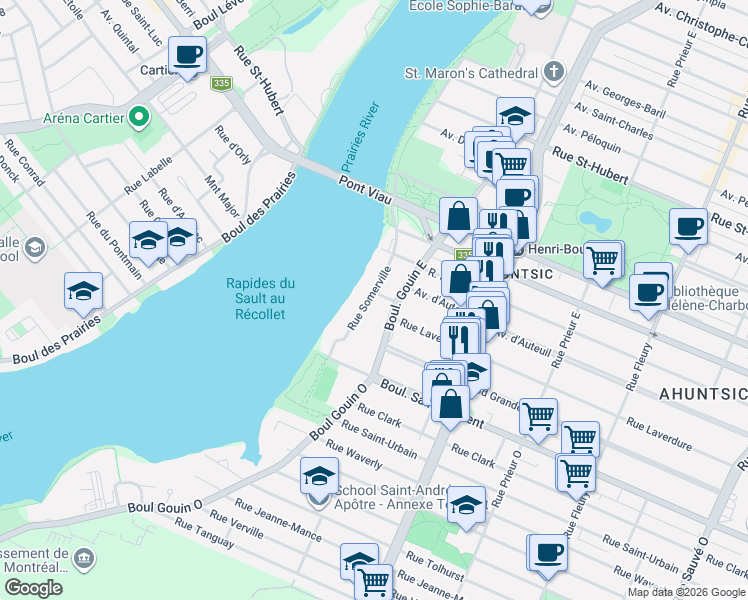 map of restaurants, bars, coffee shops, grocery stores, and more near 10970 Rue de Florence in Montréal