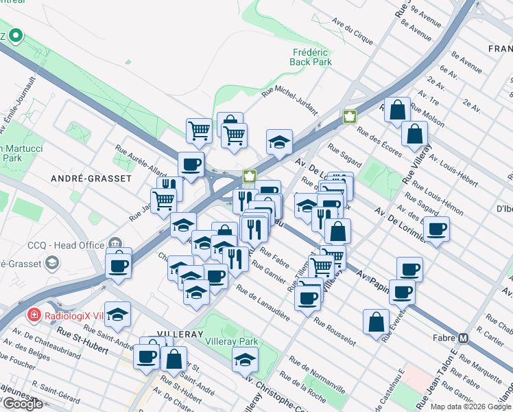 map of restaurants, bars, coffee shops, grocery stores, and more near Avenue Papineau in Montréal