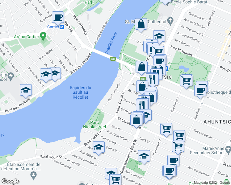 map of restaurants, bars, coffee shops, grocery stores, and more near 10970 Rue de Florence in Montréal
