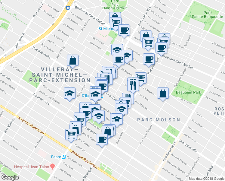 map of restaurants, bars, coffee shops, grocery stores, and more near 7126 Rue Molson in Montréal