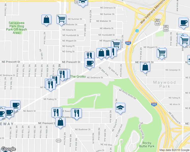 map of restaurants, bars, coffee shops, grocery stores, and more near 8752 Northeast Ward Street in Portland
