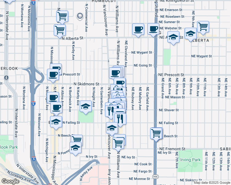 map of restaurants, bars, coffee shops, grocery stores, and more near 4141 North Williams Avenue in Portland