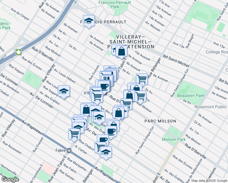 map of restaurants, bars, coffee shops, grocery stores, and more near 7126 Rue Molson in Montréal
