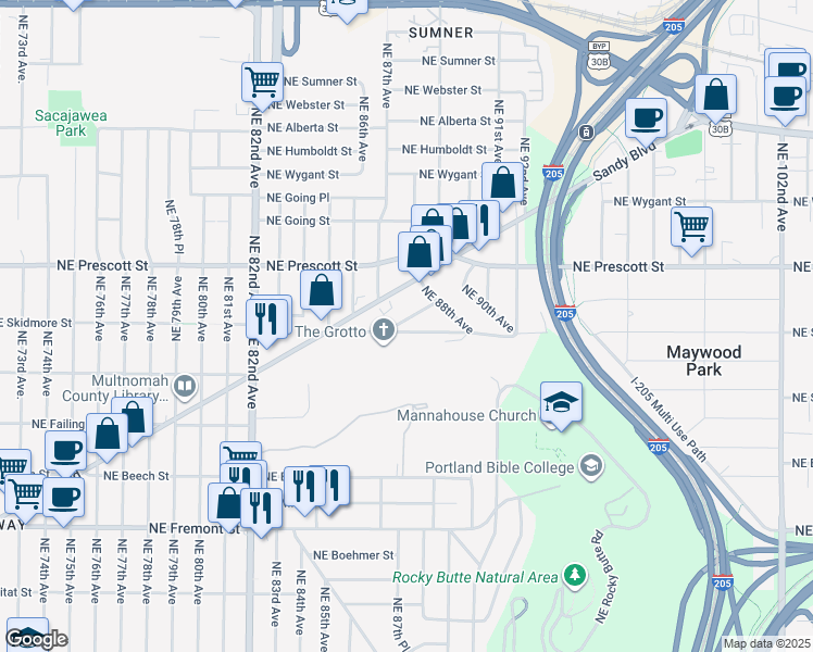 map of restaurants, bars, coffee shops, grocery stores, and more near 8752 Northeast Ward Street in Portland