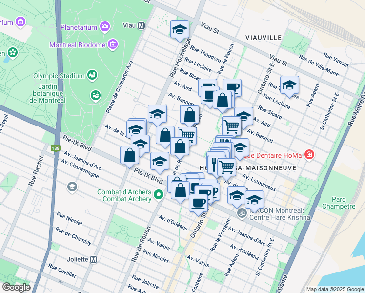 map of restaurants, bars, coffee shops, grocery stores, and more near 2251 Avenue Letourneux in Montréal