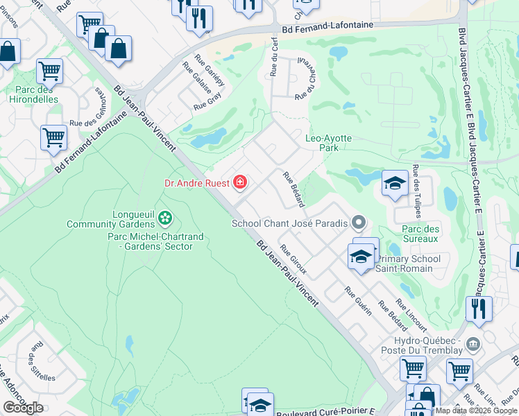map of restaurants, bars, coffee shops, grocery stores, and more near 1882 Rue du Caribou in Longueuil