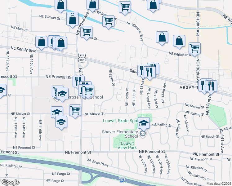 map of restaurants, bars, coffee shops, grocery stores, and more near 4246 Northeast 125th Place in Portland