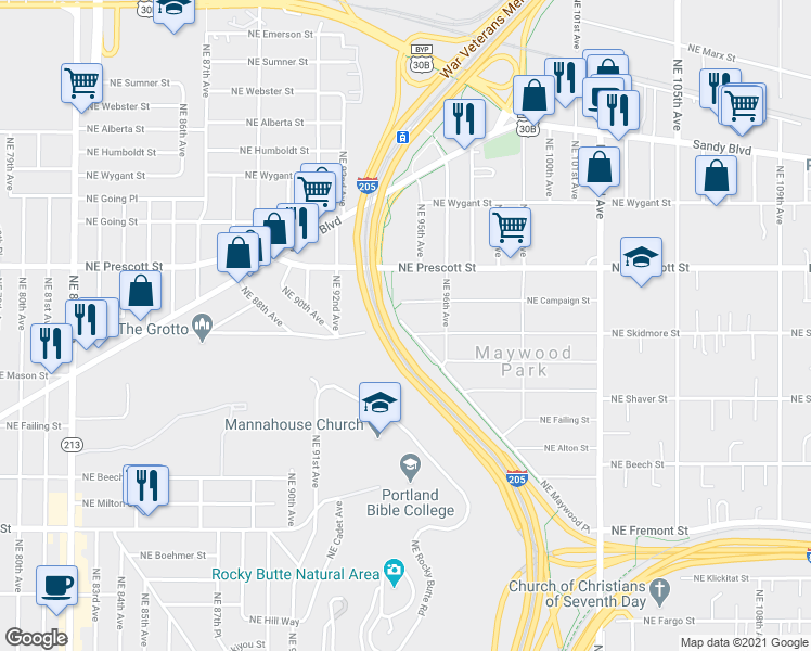 map of restaurants, bars, coffee shops, grocery stores, and more near 9514 Northeast Skidmore Street in Portland