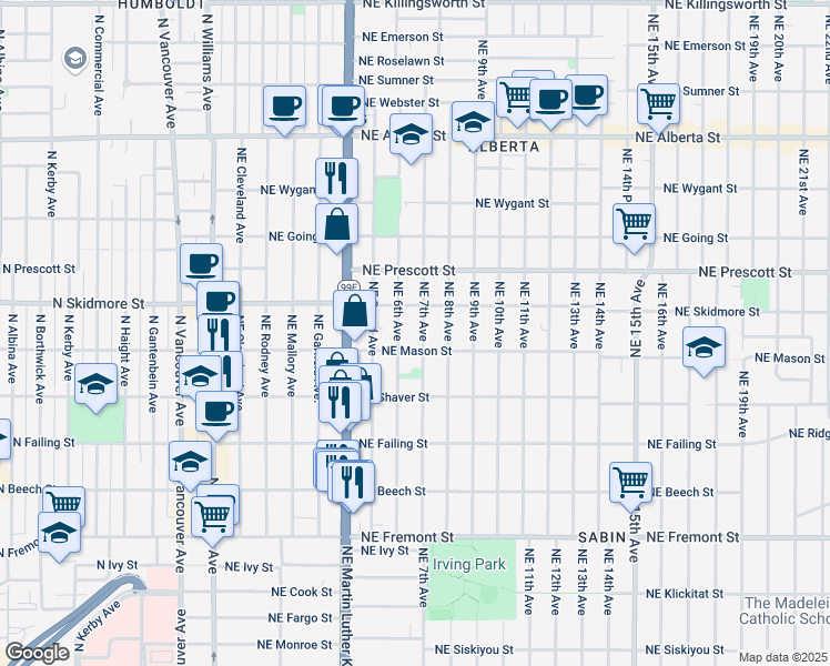 map of restaurants, bars, coffee shops, grocery stores, and more near 603 Northeast Mason Street in Portland