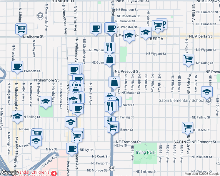 map of restaurants, bars, coffee shops, grocery stores, and more near 4116 Northeast Garfield Avenue in Portland