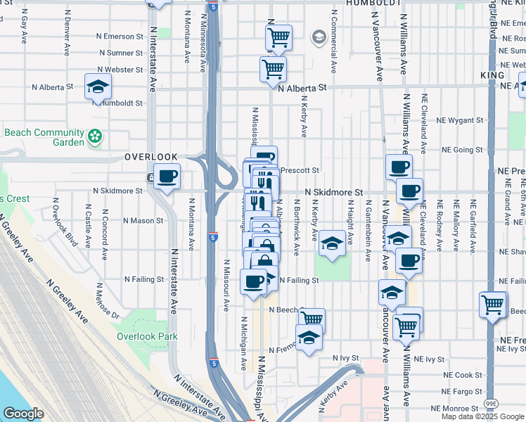 map of restaurants, bars, coffee shops, grocery stores, and more near 4115 North Mississippi Avenue in Portland
