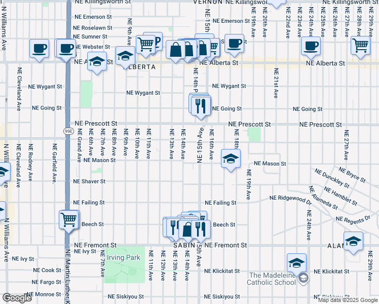 map of restaurants, bars, coffee shops, grocery stores, and more near 4138 Northeast 14th Avenue in Portland