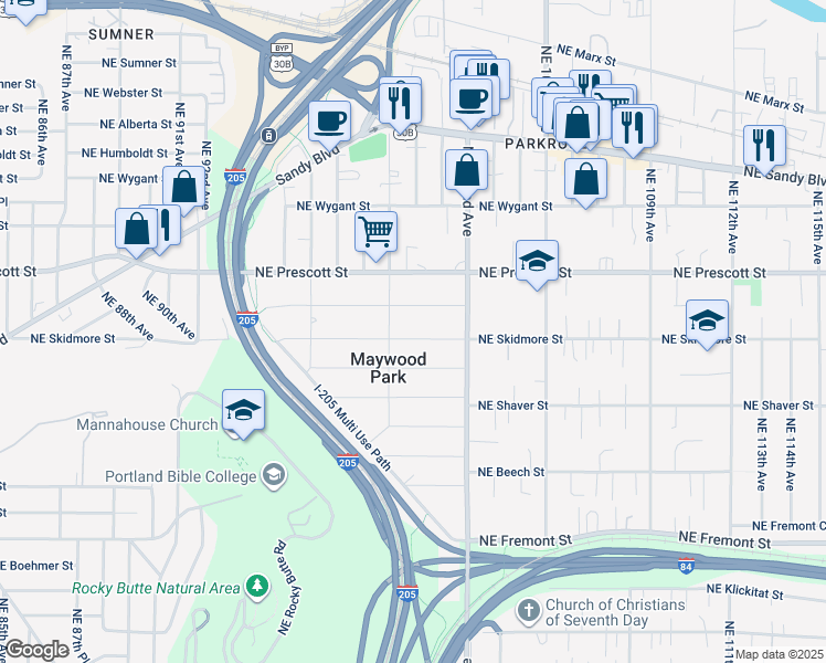 map of restaurants, bars, coffee shops, grocery stores, and more near 9941 Northeast Skidmore Street in Portland