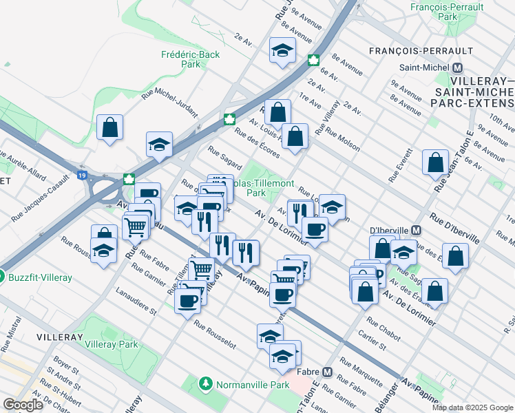 map of restaurants, bars, coffee shops, grocery stores, and more near 7735 Avenue De Lorimier in Montréal