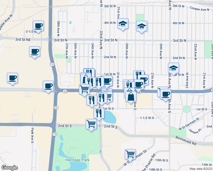 map of restaurants, bars, coffee shops, grocery stores, and more near 3207 Division Street in St. Cloud