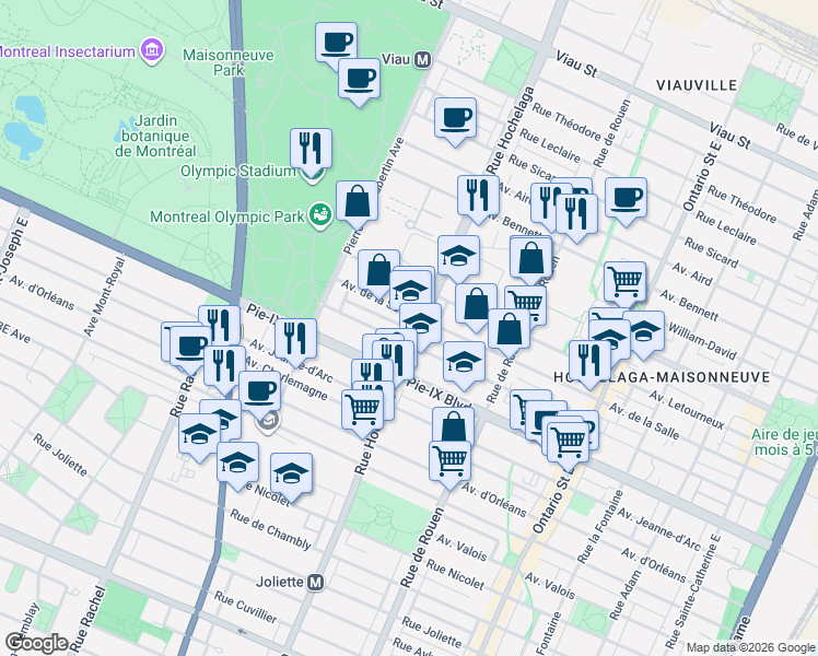 map of restaurants, bars, coffee shops, grocery stores, and more near 4229 Rue Hochelaga in Montréal