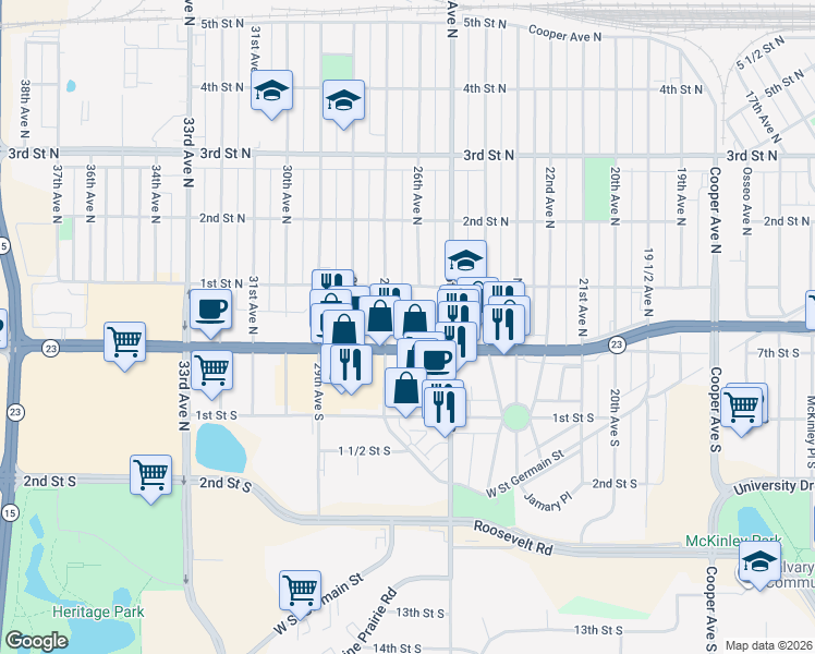 map of restaurants, bars, coffee shops, grocery stores, and more near 2621 Division Street in St. Cloud