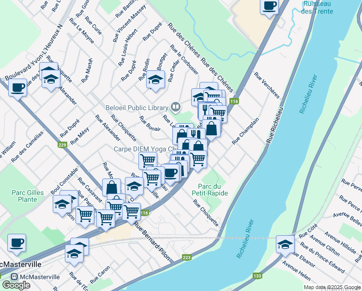 map of restaurants, bars, coffee shops, grocery stores, and more near 212 Boulevard Cartier in Beloeil