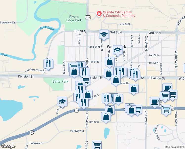 map of restaurants, bars, coffee shops, grocery stores, and more near 3 9th Avenue North in Waite Park