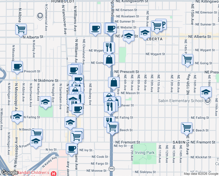 map of restaurants, bars, coffee shops, grocery stores, and more near 4116 Northeast Garfield Avenue in Portland