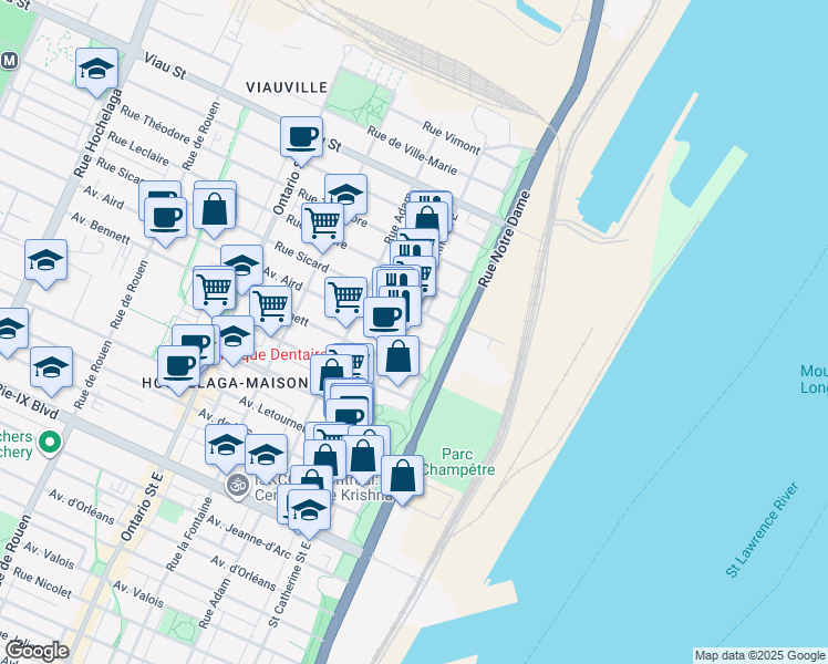 map of restaurants, bars, coffee shops, grocery stores, and more near 585 Avenue Aird in Montréal