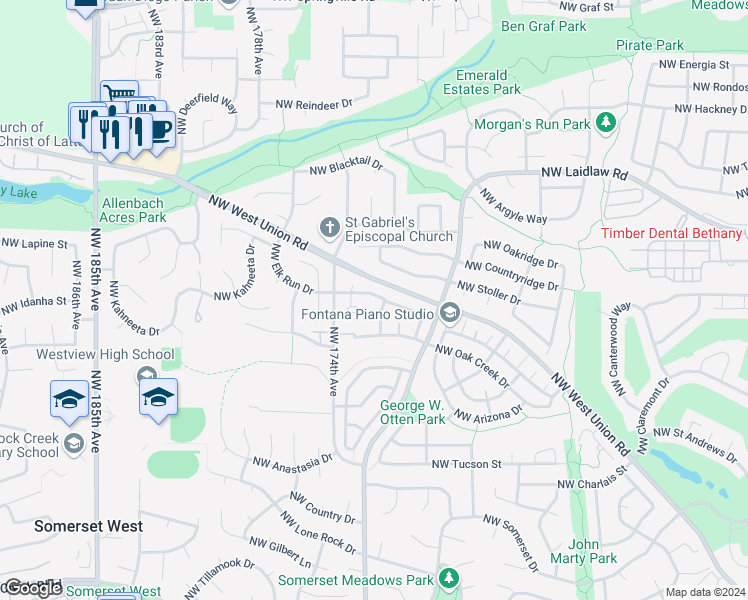 map of restaurants, bars, coffee shops, grocery stores, and more near 17190 Northwest Elk Run Drive in Beaverton