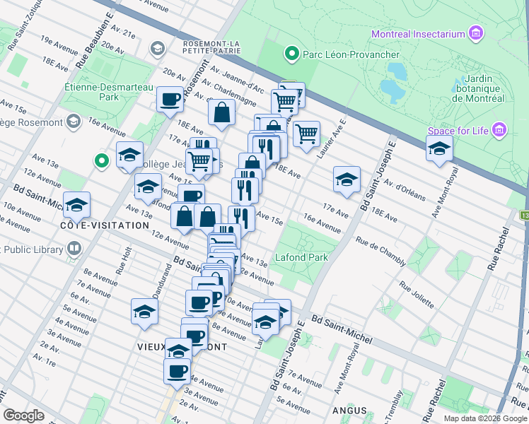 map of restaurants, bars, coffee shops, grocery stores, and more near 5385 15e Av in Montreal